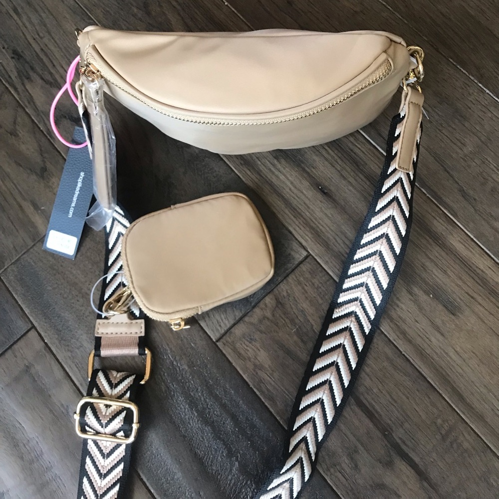 Beige Crossbody Bag with Detachable Patterned Strap - Picture 9 of 16
